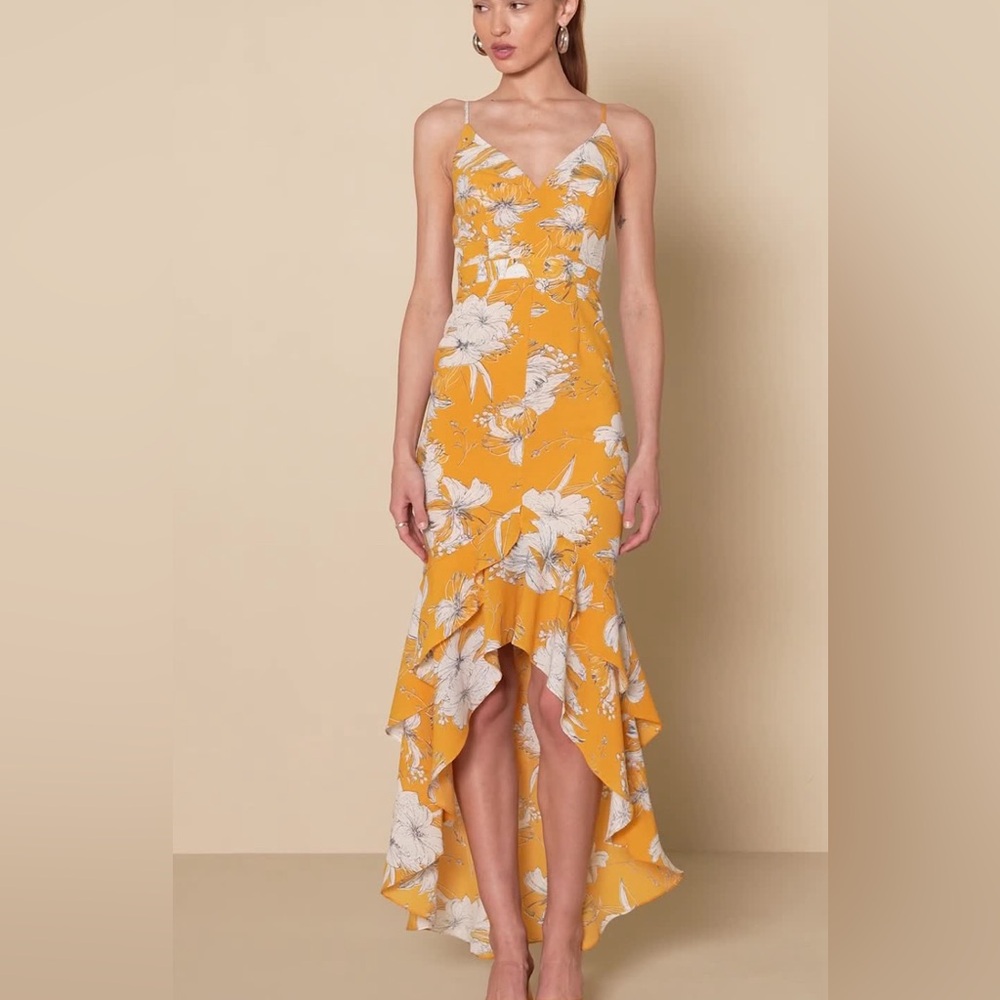 Lulu's Mustard Yellow Floral High-Low Dress